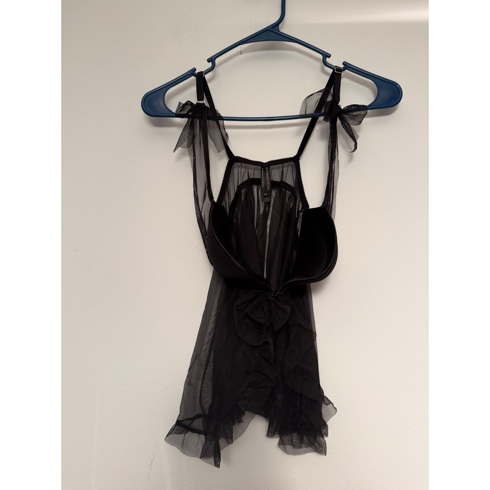 Victoria's Secret Black Rhinestone Mesh Babydoll Lingerie Underwire 34C 3721